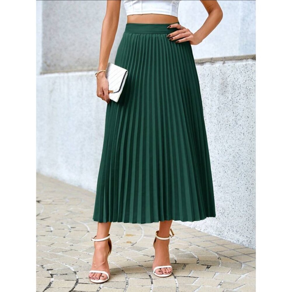 accordion pleated midi skirt dark green